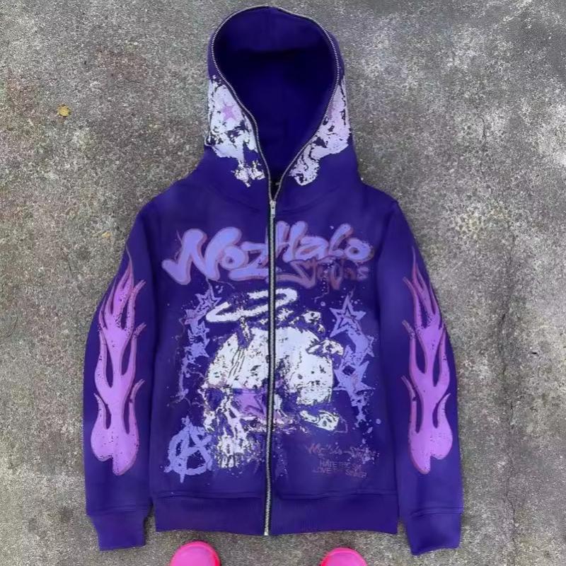 European and American Y2K Retro Harajuku Street Dark Hip-hop High Street Cartoon Printed Zipper Loose Hoodie
