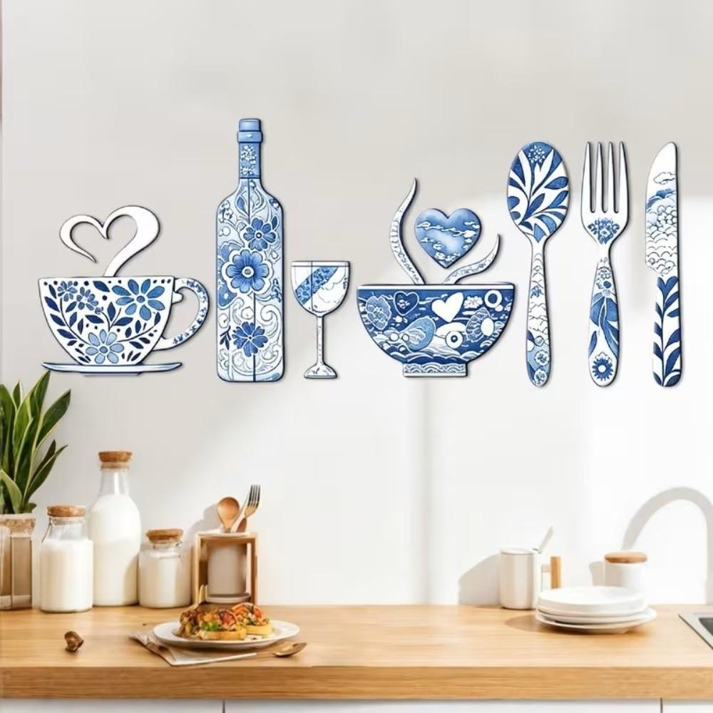 8PCS/SET Fork Wooden Wall Sticker Ornaments Pastoral Style Wooden Decorative Plaques Kitchen Decor