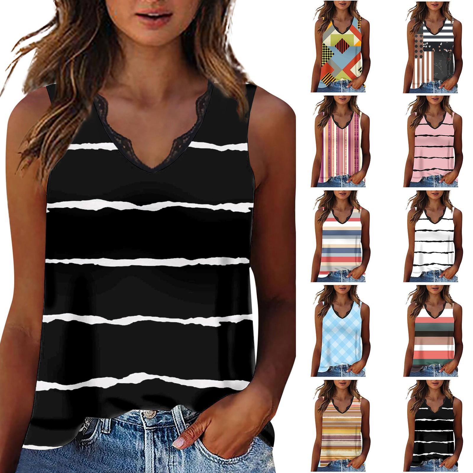 

Женщины Повседневная печать Кружевная панель V-образный вырез Жилет Свободный топ