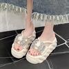 8.5CM Women Summer High Platform Sandals Glitter Slides Crystal Butterfly-knot Shoes Woman Pantofle Soft Beach Slides Zapatos