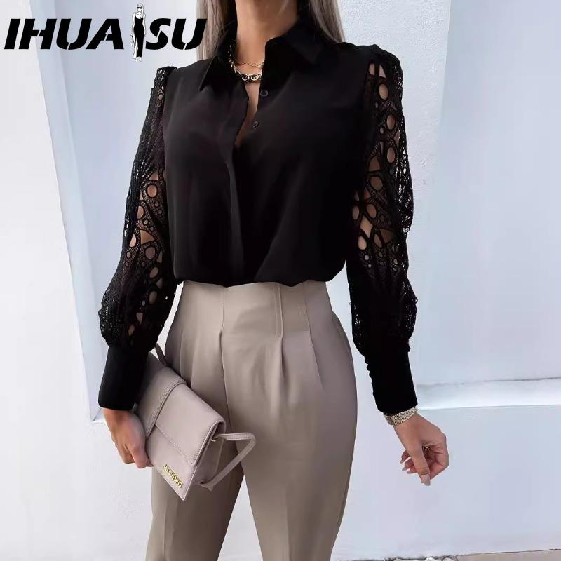 IHUASU Dámské módní ležérní jednobarevné s potiskem dlouhý rukáv POLO límec Blůzy & Košile