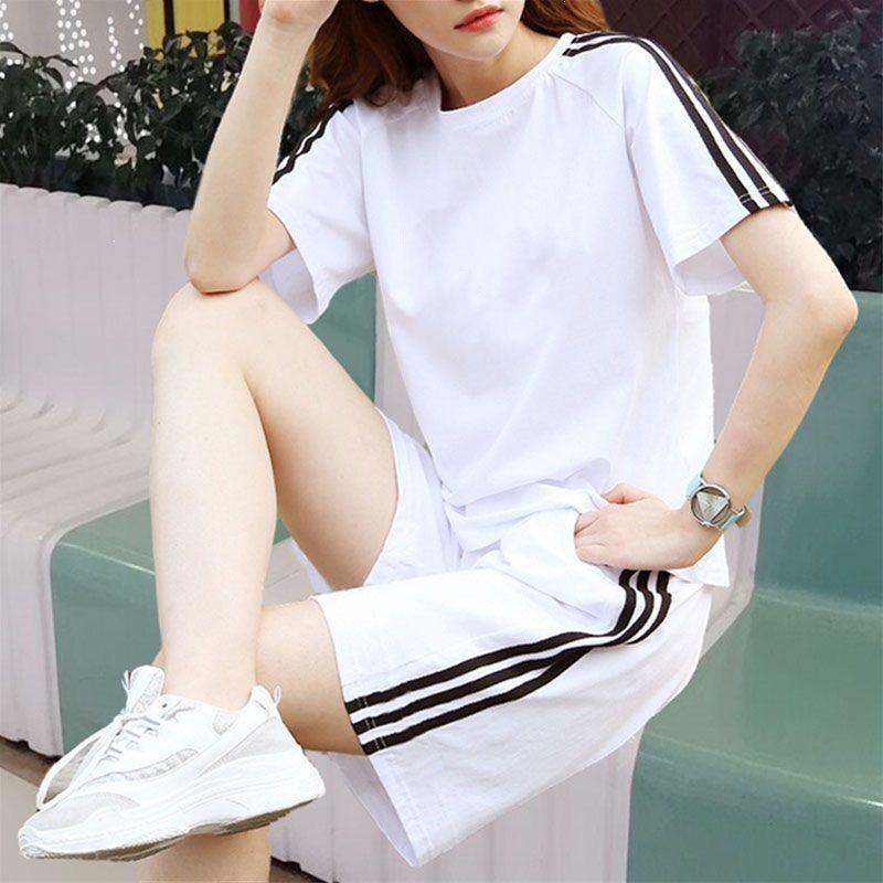 Unisex Trendy Three-Stripes Casual Sports Suit - Plus Size Short Sleeve and Shorts Set