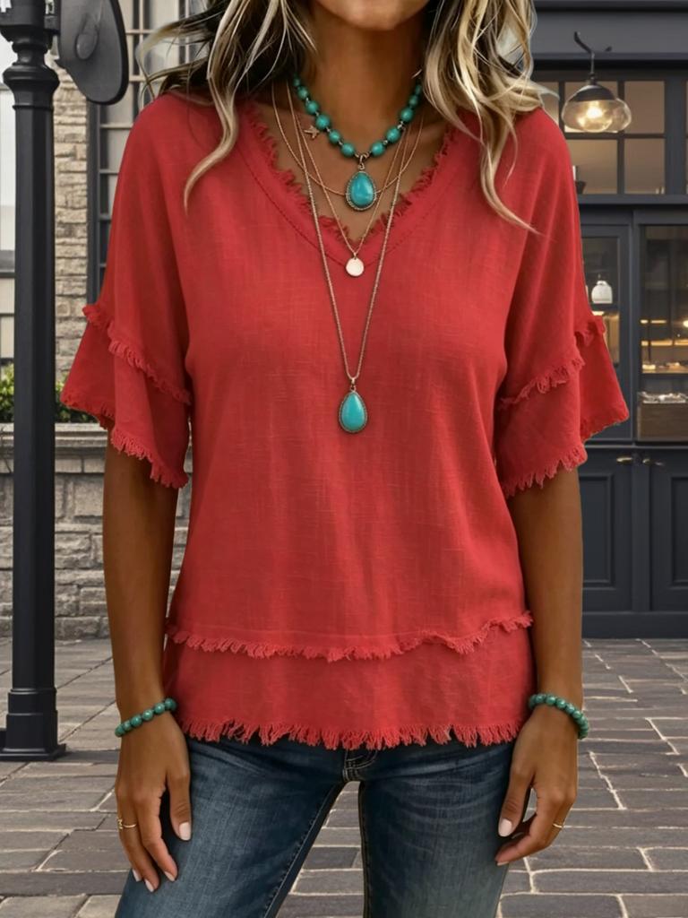 European and American New V-neck Pullover Short-sleeved Loose Women's Shirt Casual Women's Top
