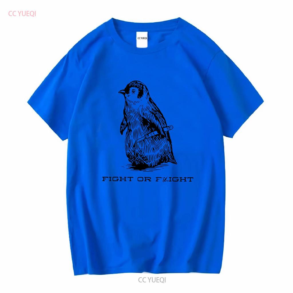 Fight Or Flight Funny Penguin Pun Meme T Shirt Long Short Sleeves Vintage Washed Unisex Casual Slightly Versatile Stylish