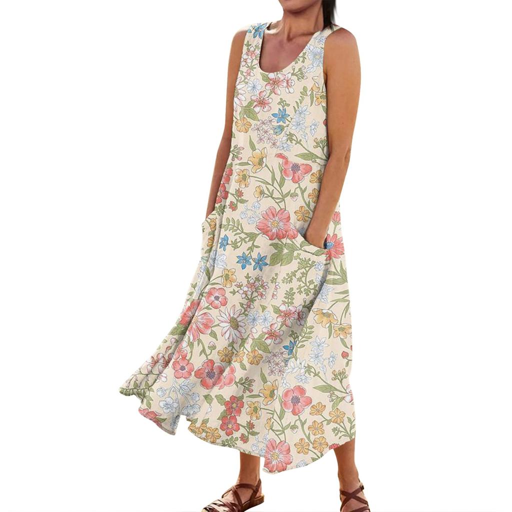 Lässiges, bequemes, ärmelloses Baumwolltaschenkleid mit Blumendruck für Damen