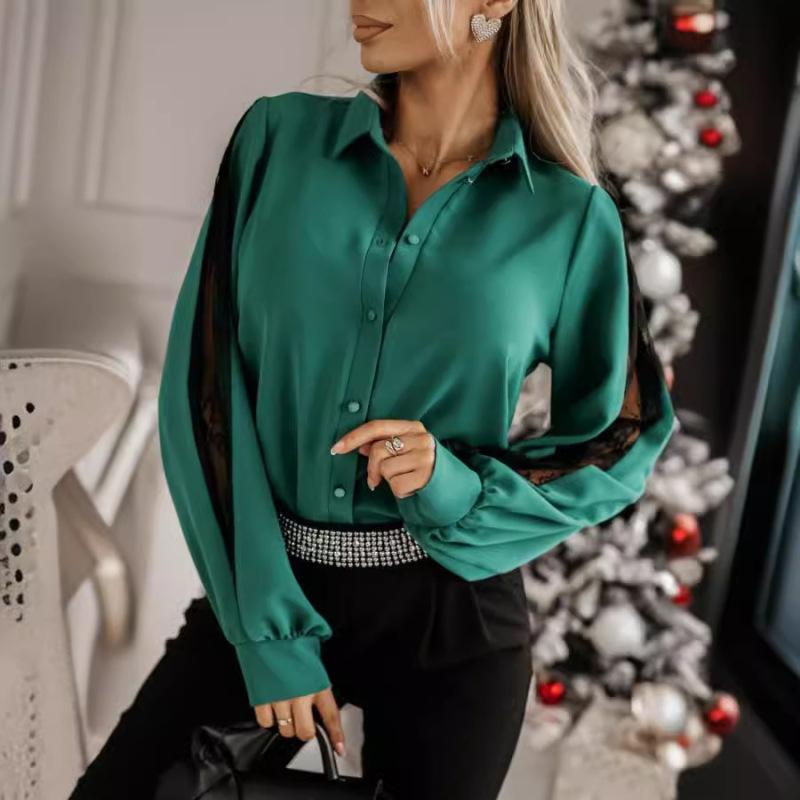 

Нові жіночі топи Tooxika з довгими рукавами, ґудзиками на лацканах і мереживними сорочками для жінок XL зелений