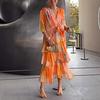 Women's Summer Chiffon Dress Printed Short Sleeve V Neck Flowy Maxi Dress Loose Layered Ruffle Lace-Up Long Dress