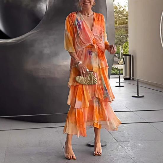 Women's Summer Chiffon Dress Printed Short Sleeve V Neck Flowy Maxi Dress Loose Layered Ruffle Lace-Up Long Dress