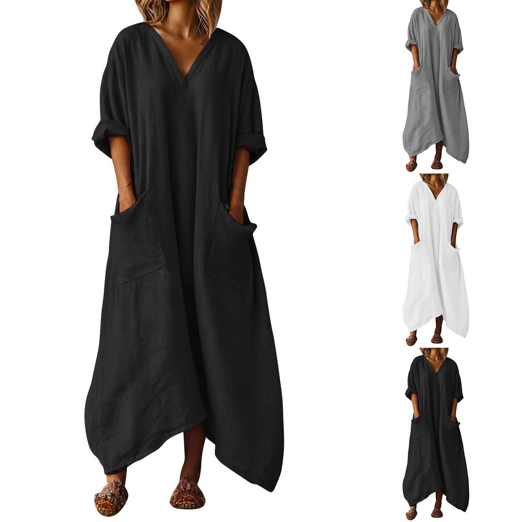 Women's Color V-neck 3/4 Sleeve Cotton Linen Loose Fitting Button Pocket Dress