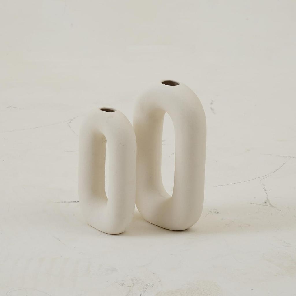 White Ceramic 'Polo Donut Vase' Set of 2 (9 & 8 Inches) | Decorative Donut Ring Vase for Dried Flowers and Pampas Grass | Vases for Home Decor