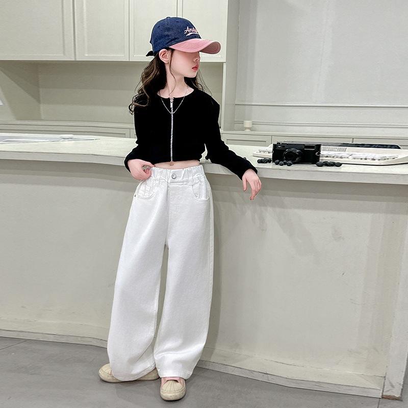 Children Vintage White Straight Jeans with Bows For Girls Spring Slim Loose Denim Pants Kids Teenager Casual Jeans Trousers