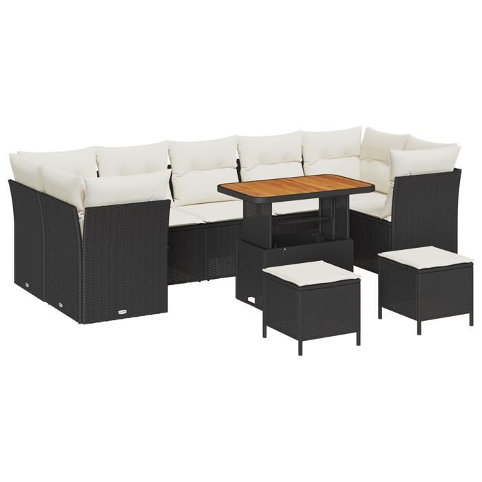 Ensemble de Canapé de Jardin 10 pièces avec Coussins Noir Poly Rattan Acacia, Ensemble de Dîner de Jardin 3 pièces 3361470