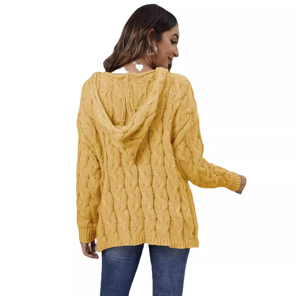 Women's Top, Thickened, Fried Dough Twists Knitting, V-neck Design, Hooded Loose Sweater, Pullover Sweater, Winter Jacket