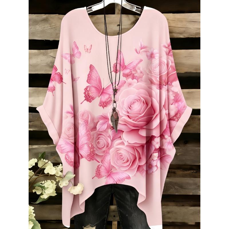 Women Floral Butterfly Print Loose Tunic Top