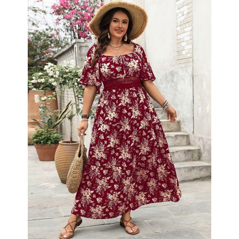 

BIG SIZE Women Dress 2025 Spring Fashion Print Ladies Skirt Red 3XL