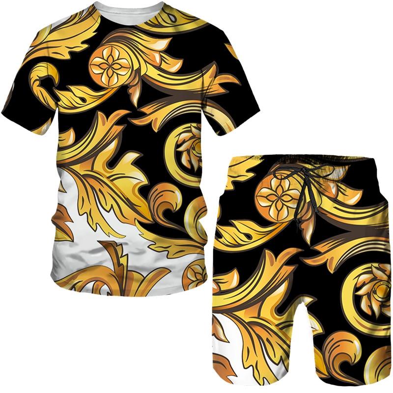 Luxury Golden Flower 3D Print Men Women Tees/Suits Vintage Baroque Pattern T-Shirts&Shorts Set Fashion Couple Streetwear Clothes