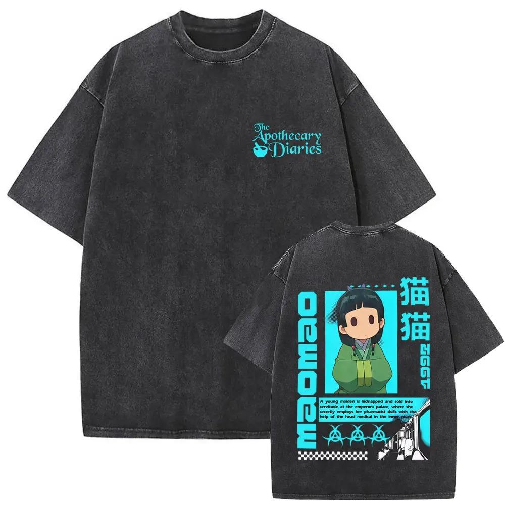 Stylowy Retro Spłowiały Czarny Pamiętniki Aptekarza Maomao i Jinshi Kwiatowy Anime Grafika Luźny Bawełniany T-shirt