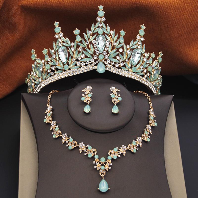3 Pcs Princess Wedding Crown Jewelry Sets and Tiaras Green Pink Bride Necklace Earrings Set Girls Prom Birthday Accessory