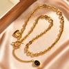 Personality Design OT Buckle Y-shaped Long Necklace for Women, Stainless Steel Heart Oval Pendant, Fashion Party Jewelry