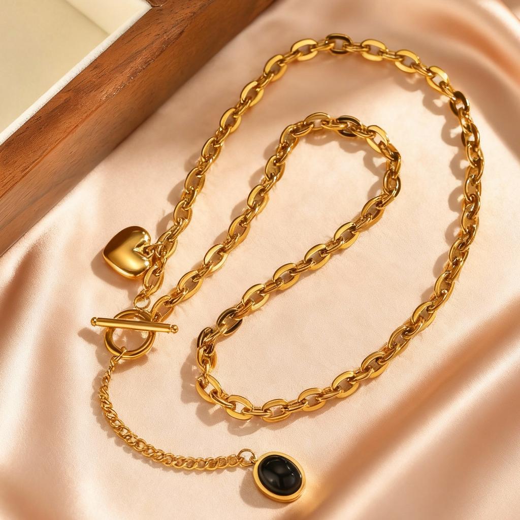 Personality Design OT Buckle Y-shaped Long Necklace for Women, Stainless Steel Heart Oval Pendant, Fashion Party Jewelry