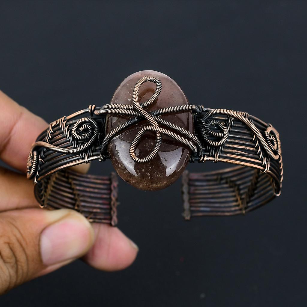 Natural Smoky Quartz Gemstone Handmade Copper Wire Wrap Bangle Adjustable o2D64