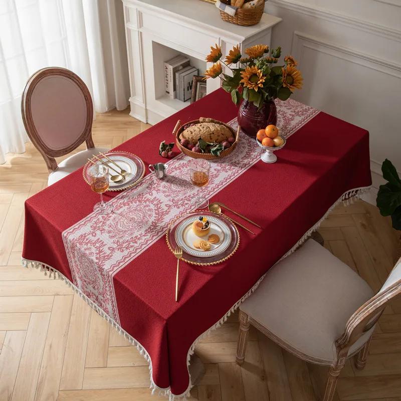 Fashion Vintage Tablecloth Tassel Red Color Jacquard Christmas Table Cloth Tablecloth End Table Mat Polyester Wedding Decoration