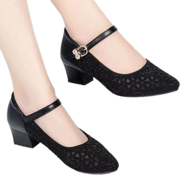 Mesh sandals hollow breathable single shoes 2025 summer new low-heeled dancing women's shoes fashion mother thick-heeled sandals