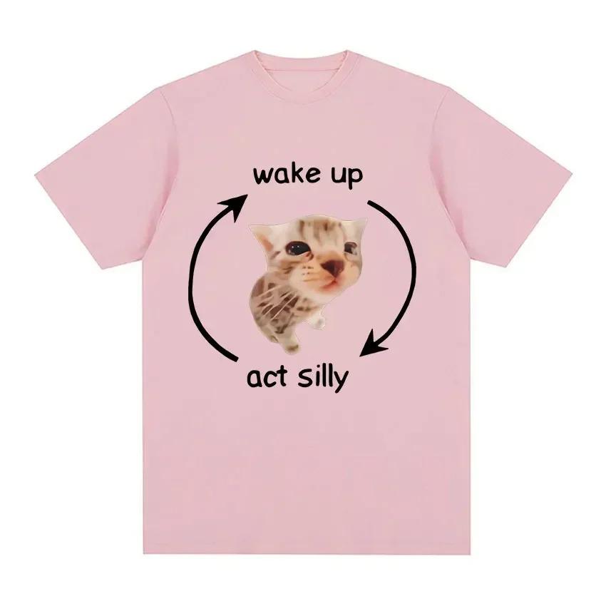 Wake Up Act Silly Meme Graphic T Shirt Funny Cute Cat Print Short Sleeve T-shirt Men Women Casual Oversized T Shirts Comfortable