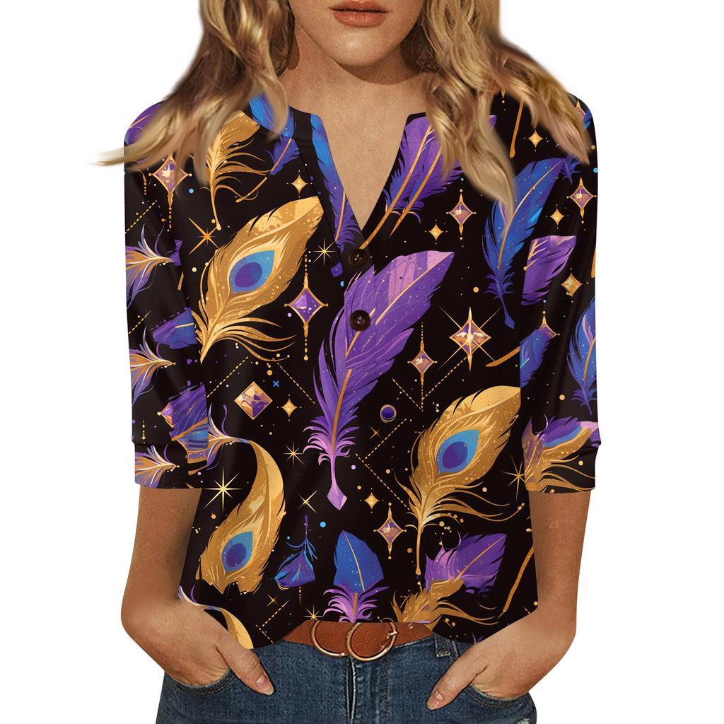 Women's Carnival Printed Fashionable Casual V-neck Button Seven Inch Sleeve T-shirt Top