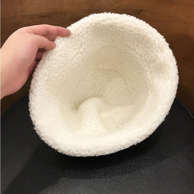 Double-sided Suede Lamb Wool Plush Warm Basin Hat Female Winter Solid Colr Balck Bucket Hat Women
