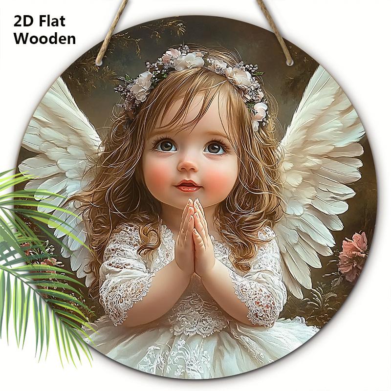 Beautiful Cherub Wooden Sign - Angle Guarding People Round Sign for Front Door Wall Hanging Decor - Ideal Home Hanging Decoration