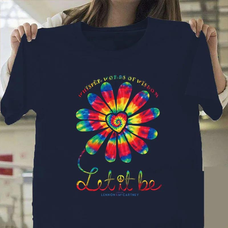 Let It Be Renkli Ayçiçeği Baskılı Tişört Kadın Kısa Kollu O Yaka Bol Tişört Kadın Günlük Tişört Üstler Camisetas Mujer