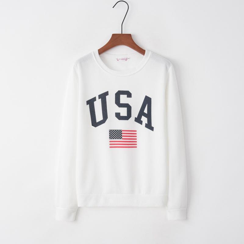 White Hoodie with USA Letter Print, Round Neck, Pullover Style, Loose Fit, Long Sleeve - 2022 Top Seller