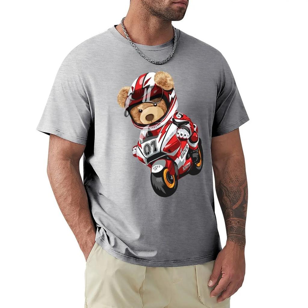 Teddy Bear Riding Racing Motorbike T Shirt Harajuku Short Sleeve T-shirt 100% Cotton Graphics Tshirt Tops