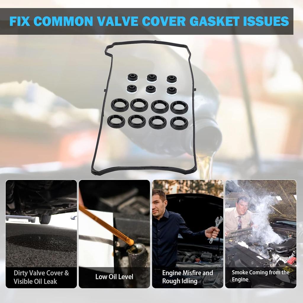 Valve Cover Gasket Set - Compatible With 2.0L 2.3L 2.4L 2002-2015 Honda Accord, Civic, CR-V, Element, Crosstour, Acura CSX, ILX, RDX, RSX, TSX -