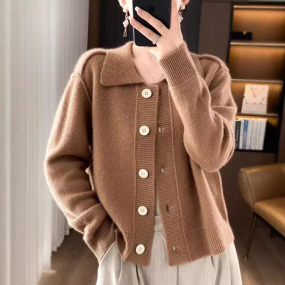 Women's Soft Breeze Polo Knit Cardigan - Lapel, Solid Color, Loose Fit, Slimming, Soft Texture, Long Sleeve Sweater Top.