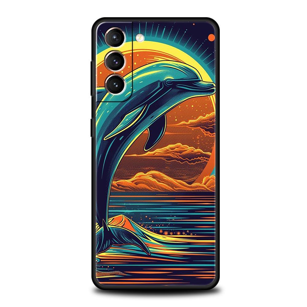 Ocean Animal Cute Dolphin Sea Turtle Phone Case For Samsung Galaxy S26 Ultra S25 Plus S24 FE S23 S22 5G S21 S20 Cover Black Soft