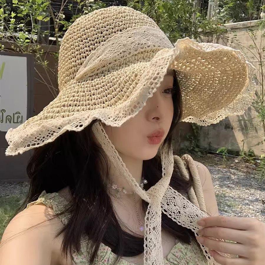 ins sunscreen straw hat women's summer travel shading breathable straw bucket hat outdoor seaside temperament basin hat