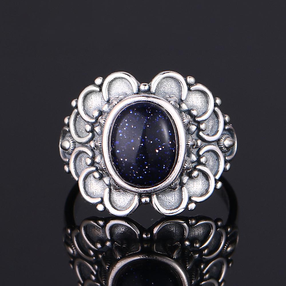 S925 Silver Ring for Women Oval Round Dropwater Natural Blue Sandstone Ring Gift Sun Shaped Retro Luxury Fine Jewelry