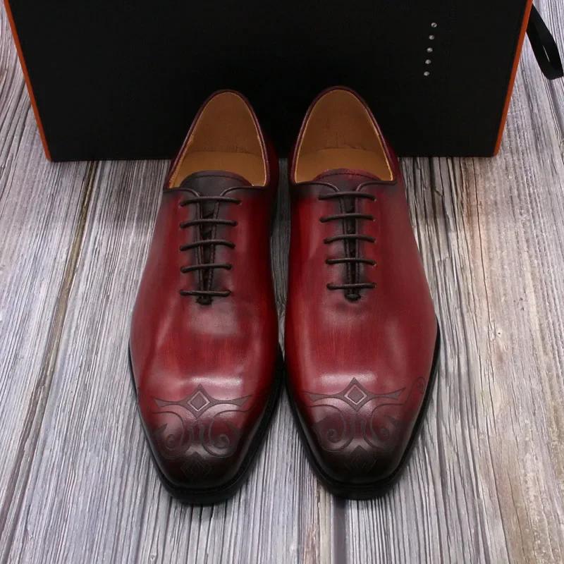 Fashion Classic Luxury Men's Oxford Shoes Whole Genuine Leather Hand-Painted Red Lace-Up Formal Dress Shoes for Wedding Party Occasions