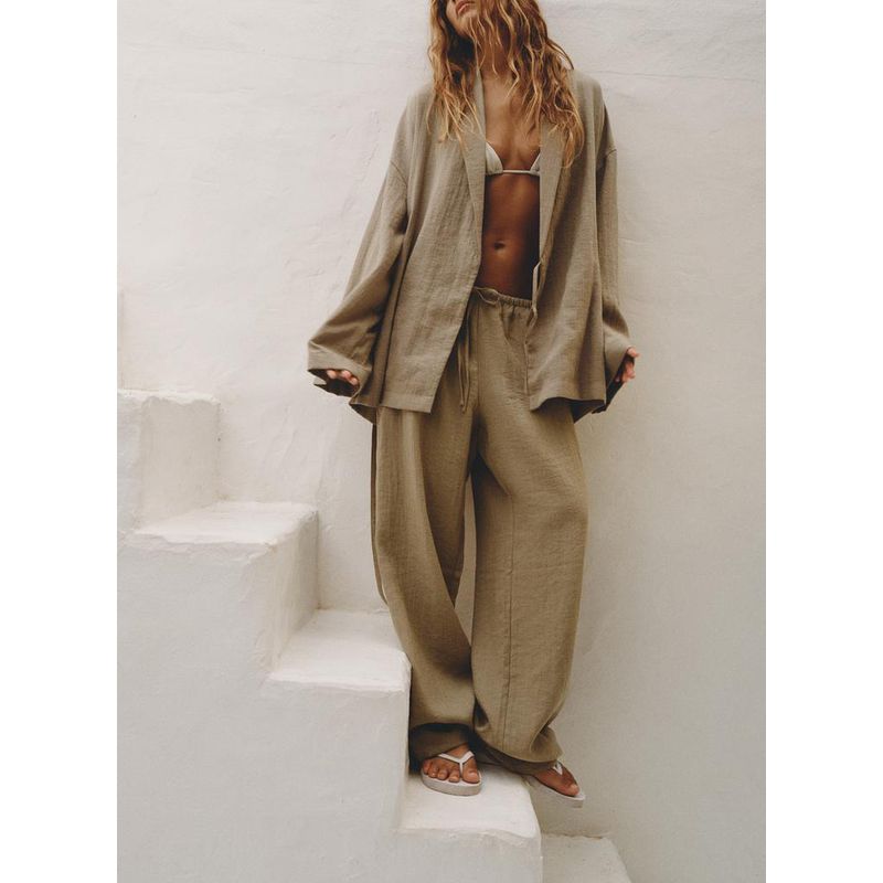 Spring New Texture Double Breasted Kimono Coat 5427734 Shoelace Pajamas Style Pants 4391423