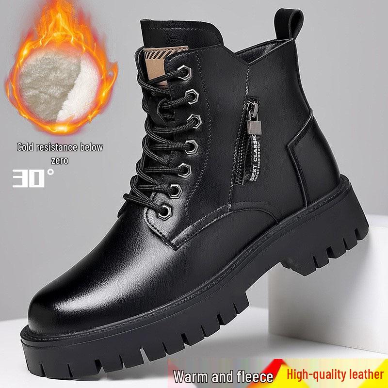 Men's High-Top Leather Martin Boots - British Style, Thick Sole, Velvet Lining, Winter Warmth