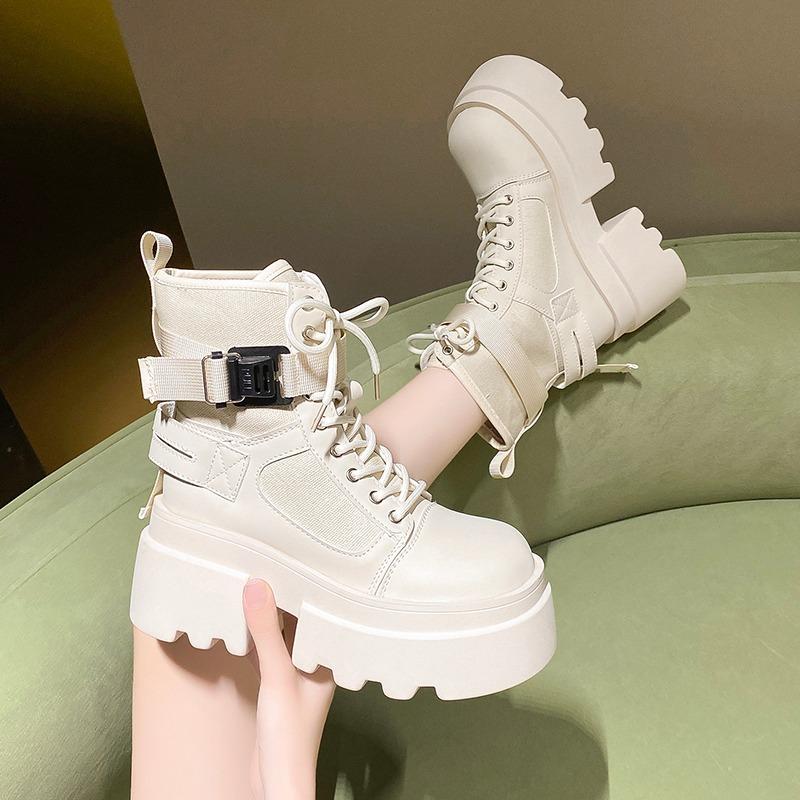 Móda Dámská Vysoká platforma Motocykly Boty Podzim Jaro 7,5CM Podpatky Kotníkové boty Dámské robustní tenisky Zimní Kožené Boty Žena