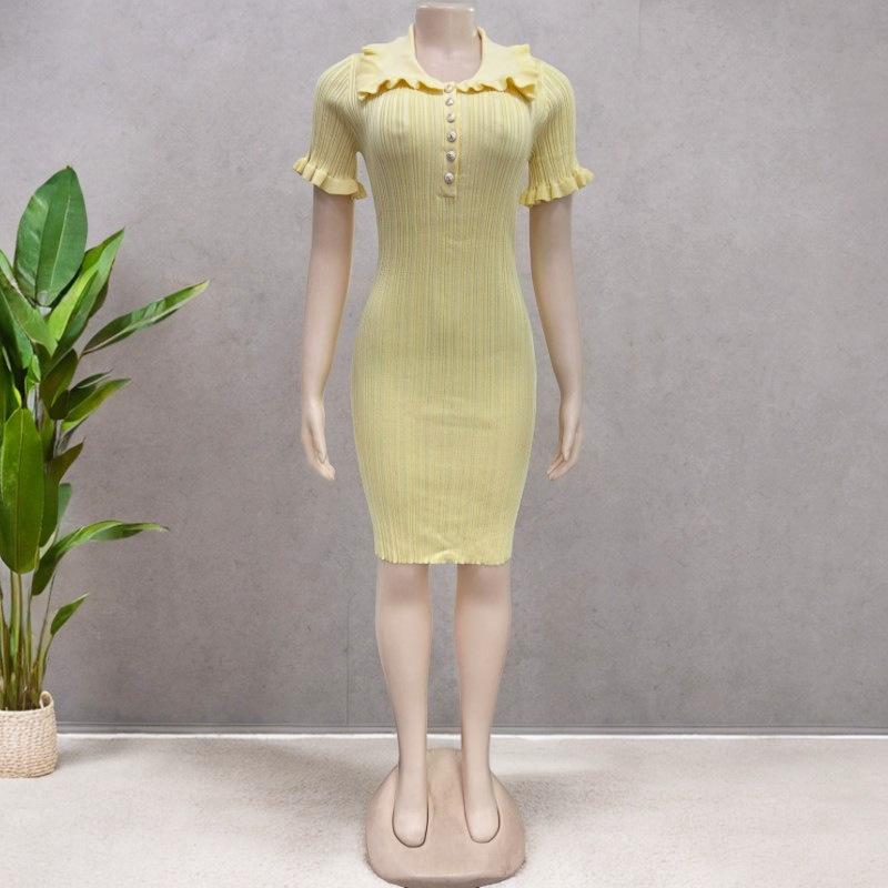 Retro Ruffled Button Down Knit Dress With Collar