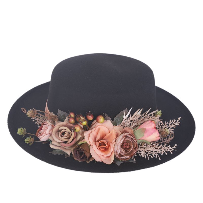 Fedora Hats Women's Flower flat cap Fashion Autumn Winter Warm Flat Top Basin Hats British Vintage Top Hats