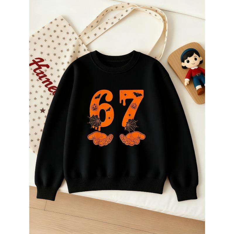 Kids Unisex Crewneck Sweatshirt, Halloween Pumpkin Bat Spider Web Hand Orange Dripping 67 Print Pullover, Sweatshirt for Boys Girls Over 4 Years Old