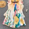 Wiosna jesień damska drukuj luźna plisowana sukienka z pół rękawami, długa, maksi