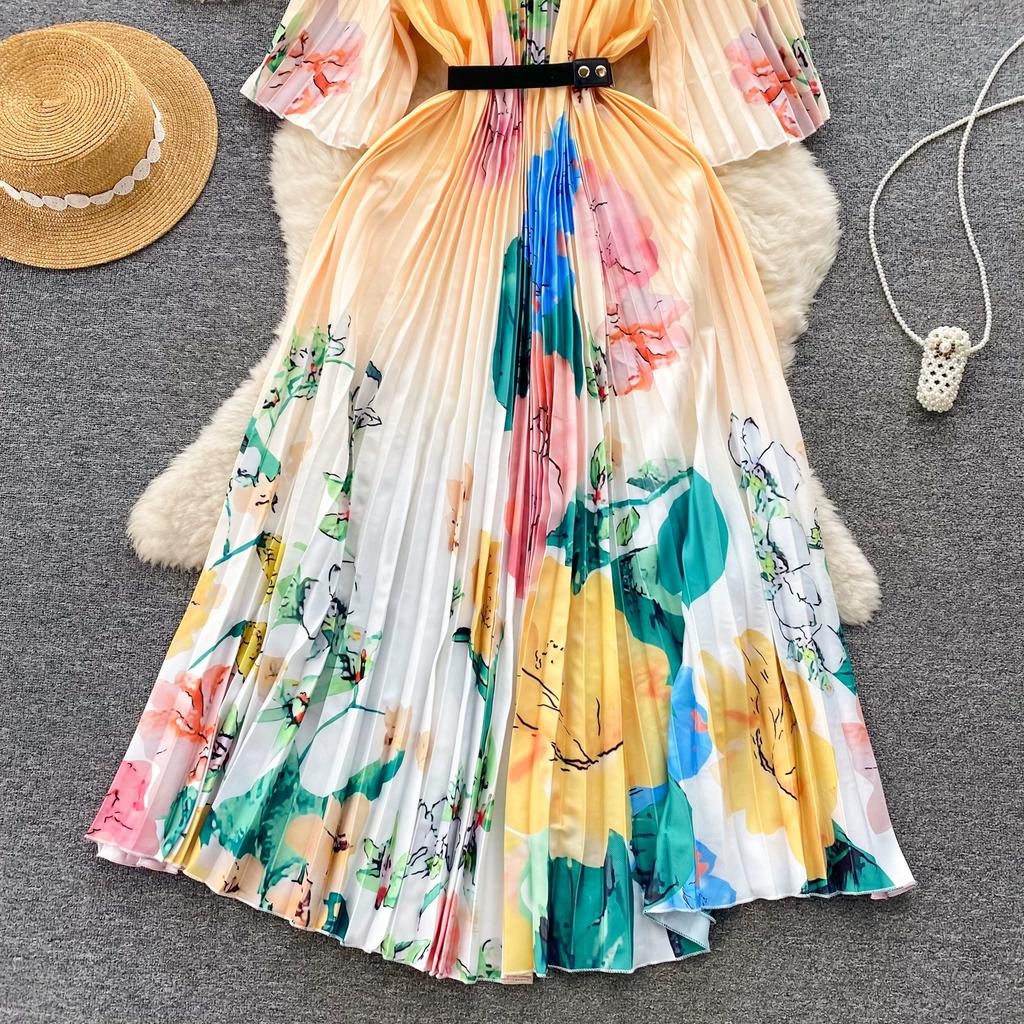 Spring Autumn Women Print Loose Pleated Dress Half Sleeve Oversized Long Maxi Robe