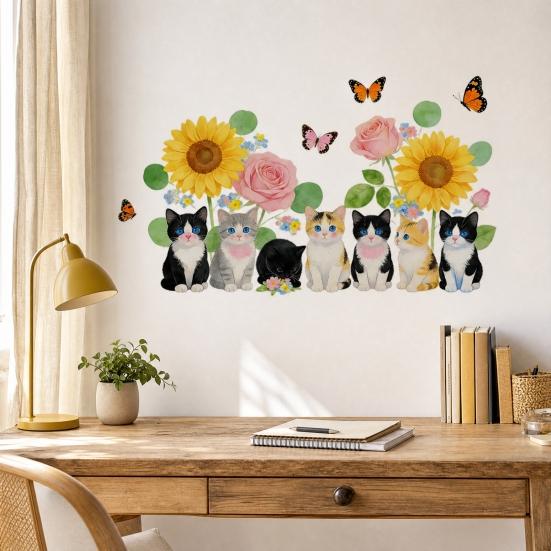 Cat Flowers Peel And Stick Wall Stickers, Removable Wall Art Decor, Watercolor Vinyl Decals for Kids Bedroom Nursery Living Room