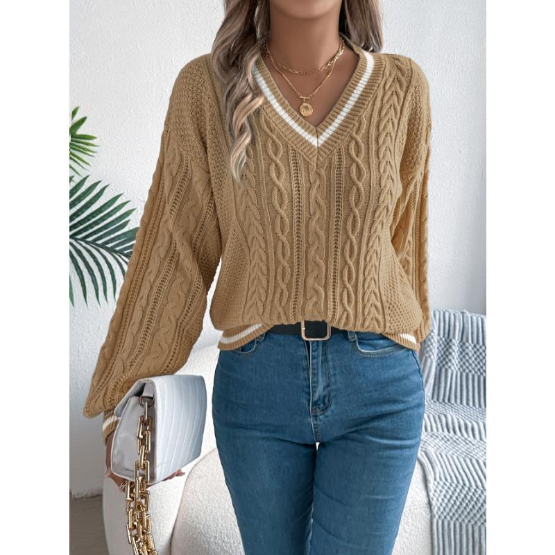 Autumn and Winter V-neck Twist Lantern Long Sleeved Pullover Sweater Women Loose Stripe Tops Ladies Fashion Elegant Casual Office Women's Clothing